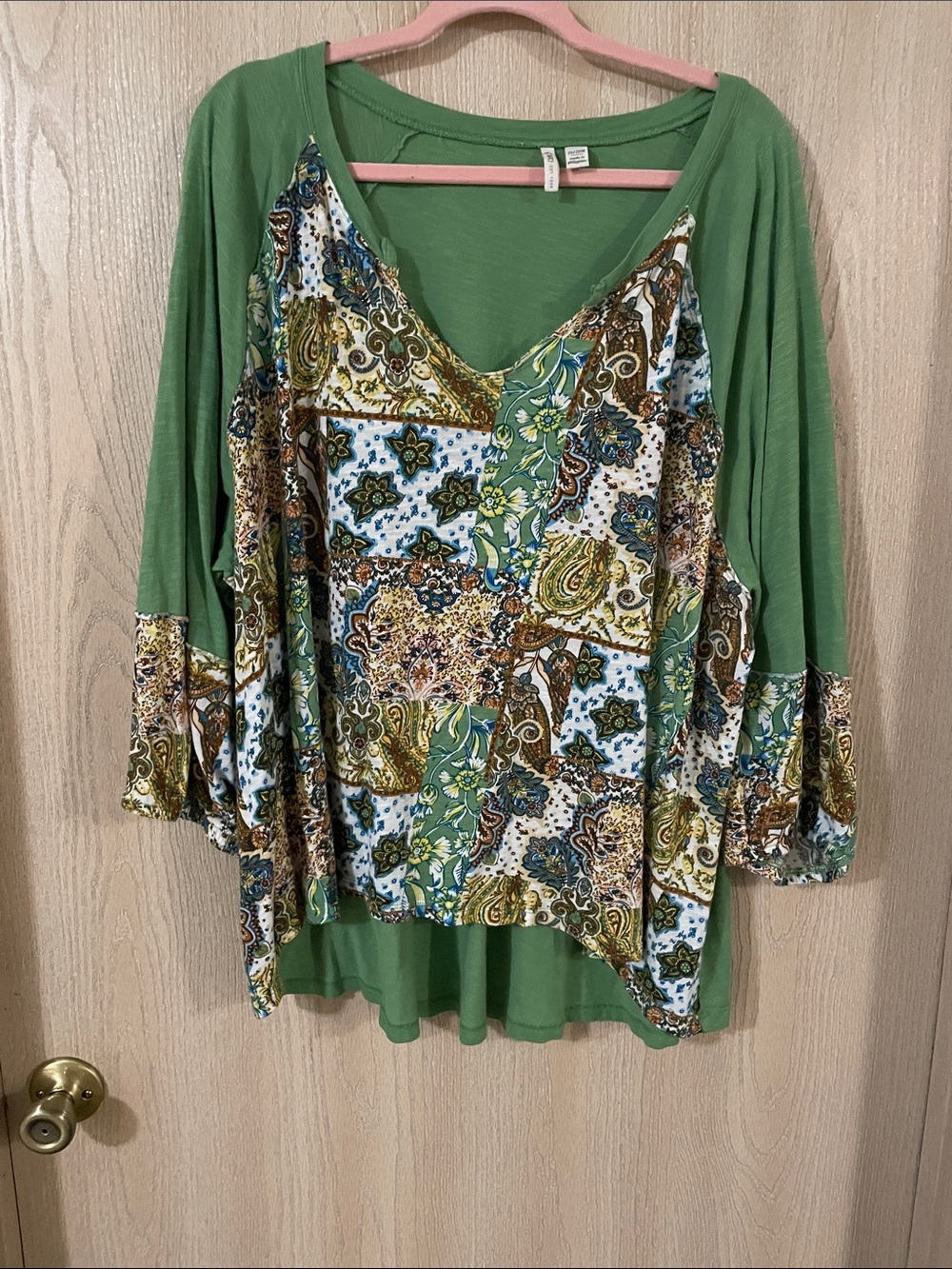 Cato Green Paisley Patchwork V-Neck Tunic